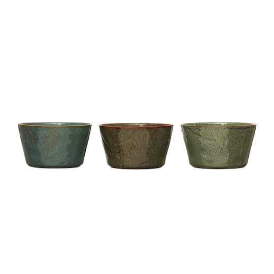 Hello Honey® 5" Multicolor Pine Bough Embossed Stoneware Bowls with Reactive Glaze, 3ct.